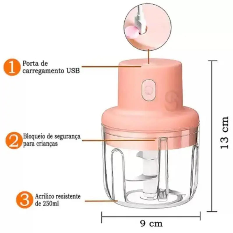 Mini Processador de Alimentos Elétrico 250ml - Triturador Recarregável, Sem Fio e Ideal para Sua Cozinha