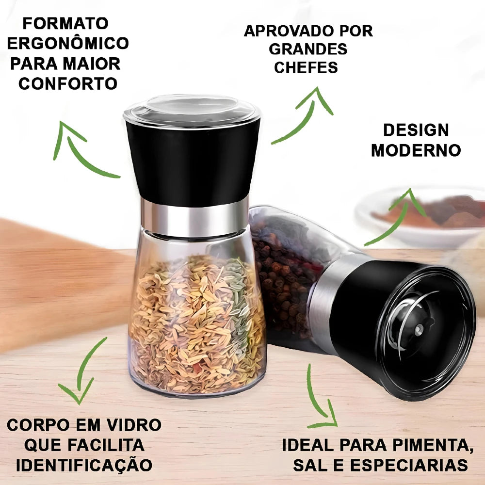 Kit com 2 Moedores de Temperos - Triturador de Sal, Pimenta e Especiarias em Vidro e Inox