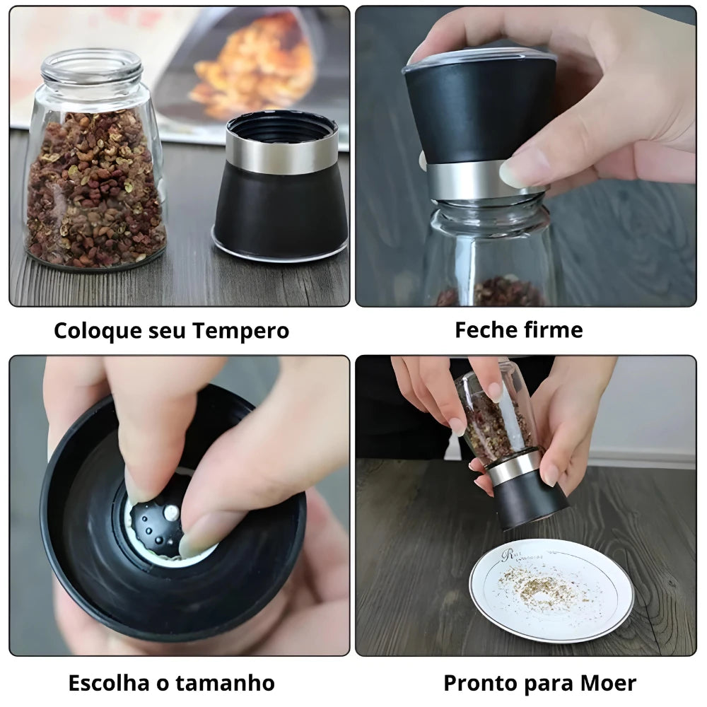 Kit com 2 Moedores de Temperos - Triturador de Sal, Pimenta e Especiarias em Vidro e Inox