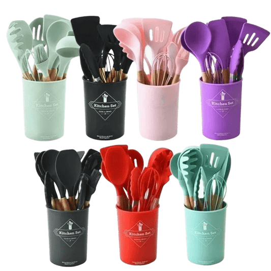 Kit Conjunto cozinha C/12 peças silicone, utensílios de cozinha com suporte cabo madeira