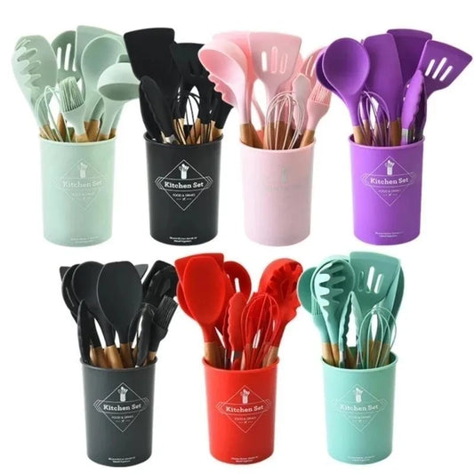 Kit Conjunto cozinha C/12 peças silicone, utensílios de cozinha com suporte cabo madeira