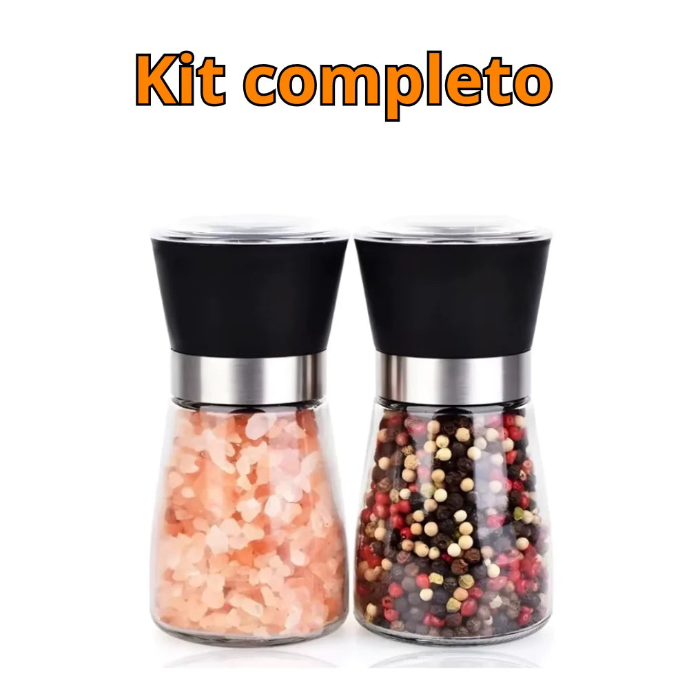 Kit com 2 Moedores de Temperos - Triturador de Sal, Pimenta e Especiarias em Vidro e Inox