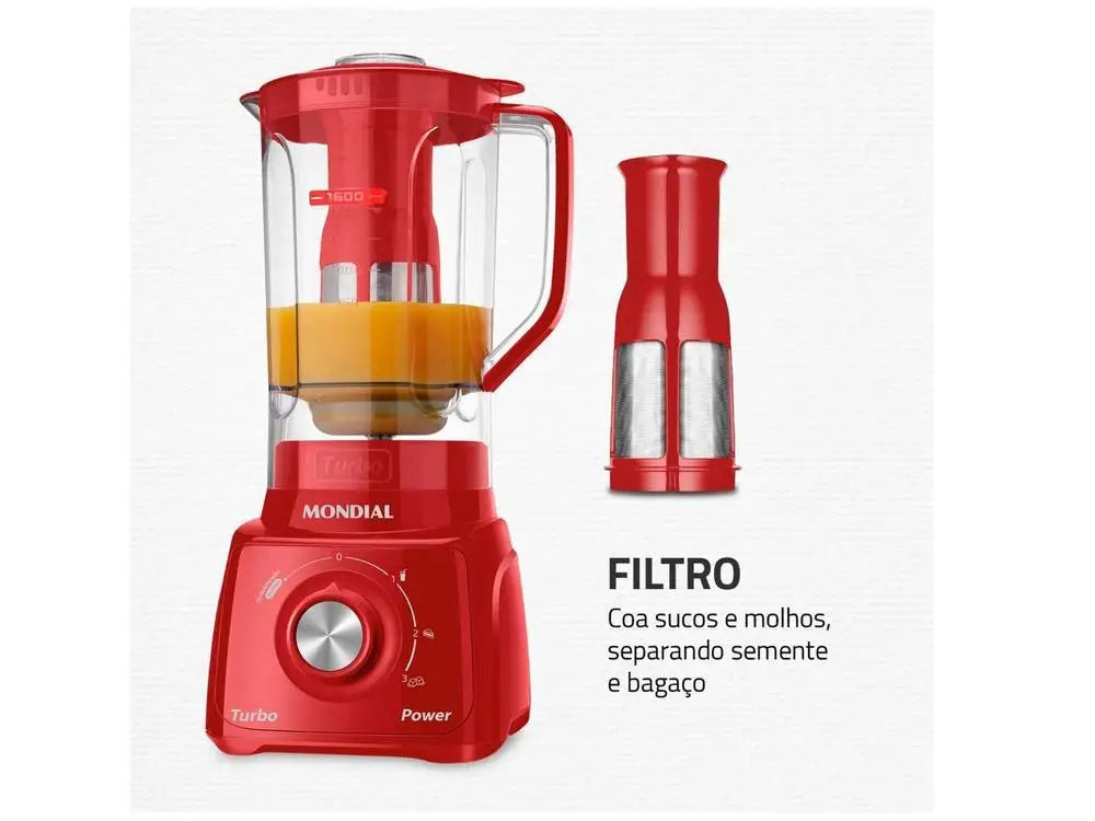 Liquidificador Mondial Turbo Power L-99-FR com Filtro - 3 Velocidades, 500W, Cor Vermelha - 220V - Potência e Qualidade para suas Receitas