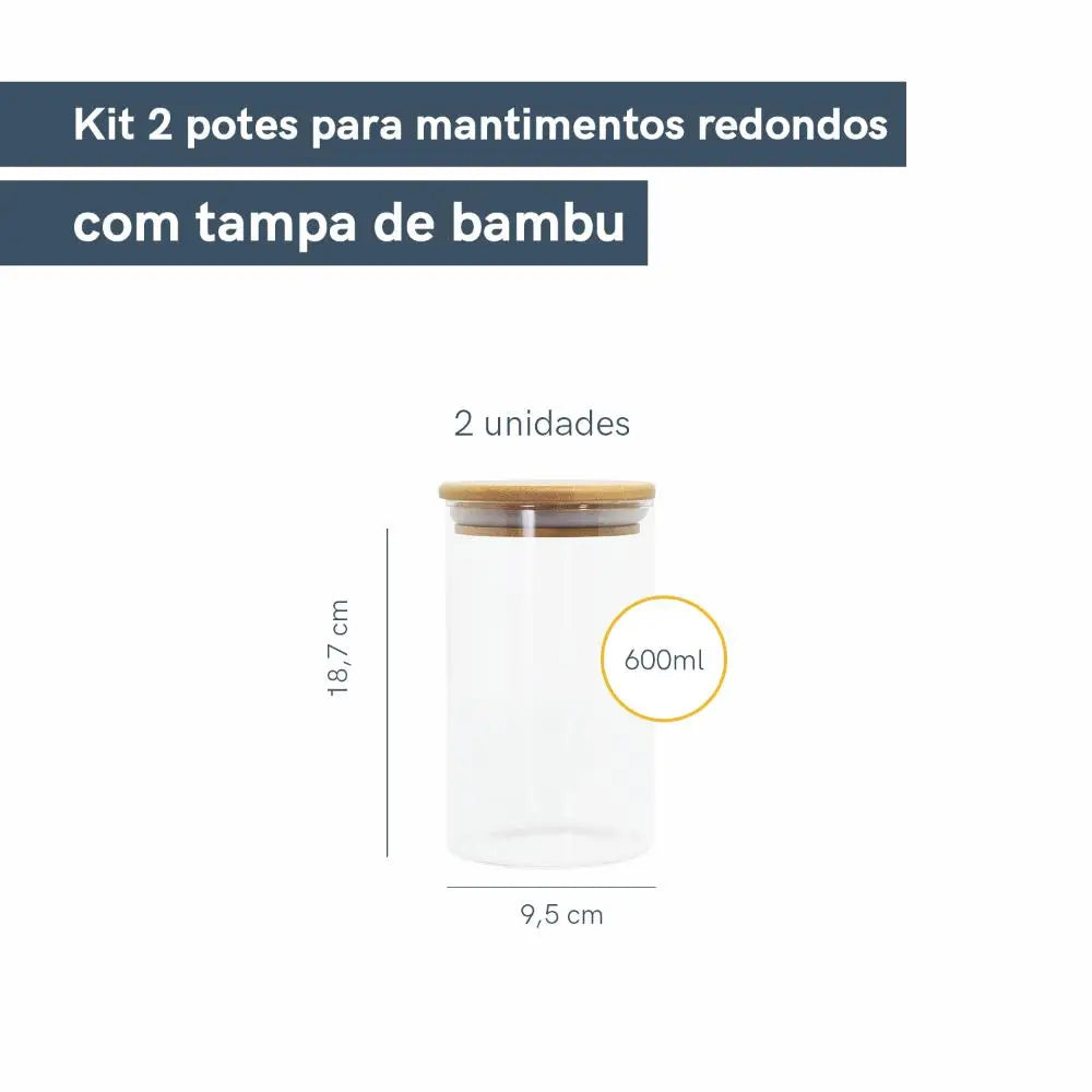 Kit com 2 Potes de Vidro Herméticas com Tampa de Bambu 600ml - Oikos