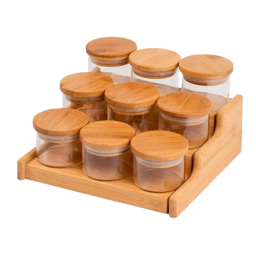 Kit Completo 9 Potes Herméticos 110ml + Organizador de Bambu - Oikos - Ideal para Armazenamento e Decoração