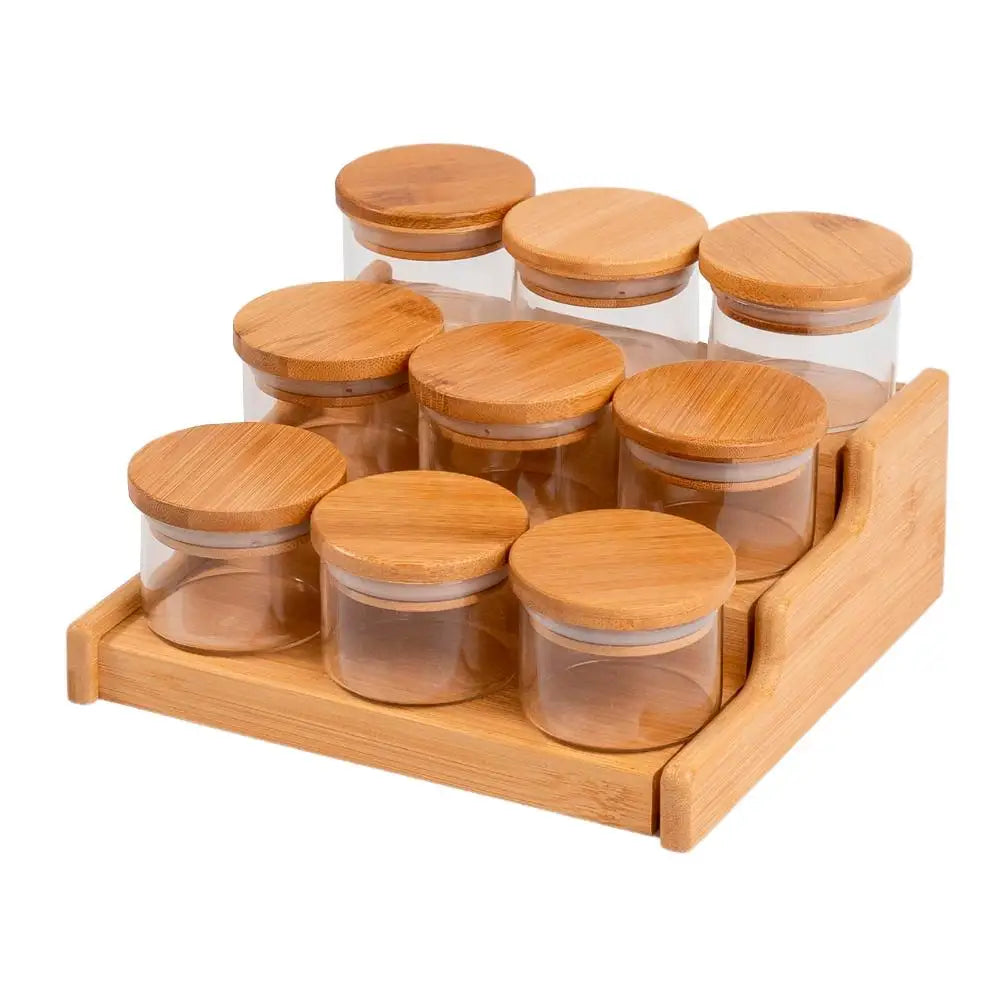 Kit Completo 9 Potes Herméticos 110ml + Organizador de Bambu - Oikos - Ideal para Armazenamento e Decoração