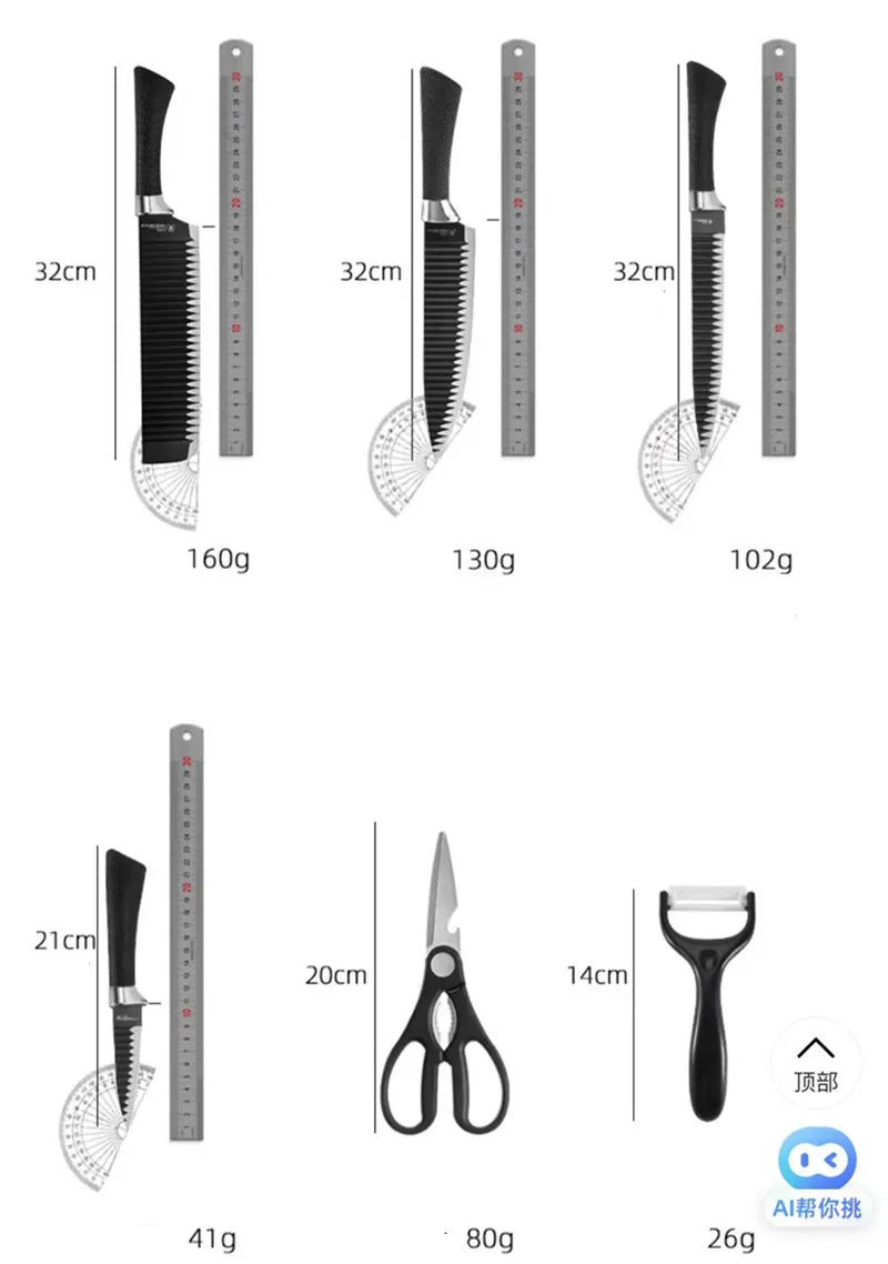 Conjunto de Facas Brasil - 6 Peças em Aço Inoxidável com Design em Onda Preta - Inclui Faca de Chef, Faca de Frutas e Mais - Praticidade e Estilo para sua Cozinha