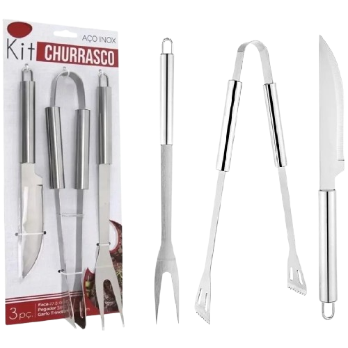 Kit Churrasco em Inox - Faca, Garfo Trinchante e Pegador (3 Peças)