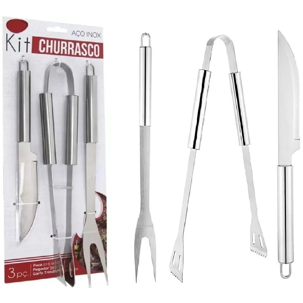 Kit Churrasco em Inox - Faca, Garfo Trinchante e Pegador (3 Peças)