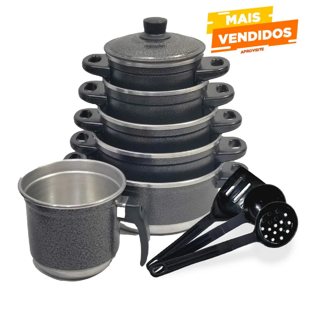 Conjunto Completo de 9 Peças - Panelas Pretas Rachadas e Utensílios Práticos para Sua Cozinha