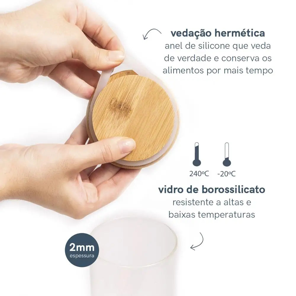 Kit com 2 Potes de Vidro Herméticas com Tampa de Bambu 600ml - Oikos